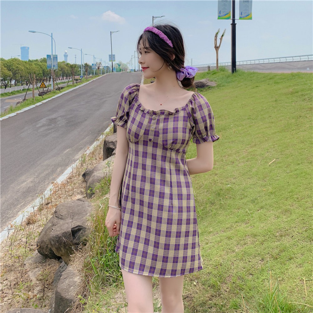 Váy nữ , váy đầm nữ váy kẻ sọc caro dáng ngắn chữ A tay bồng nữ tính ATILA SHOP | BigBuy360 - bigbuy360.vn