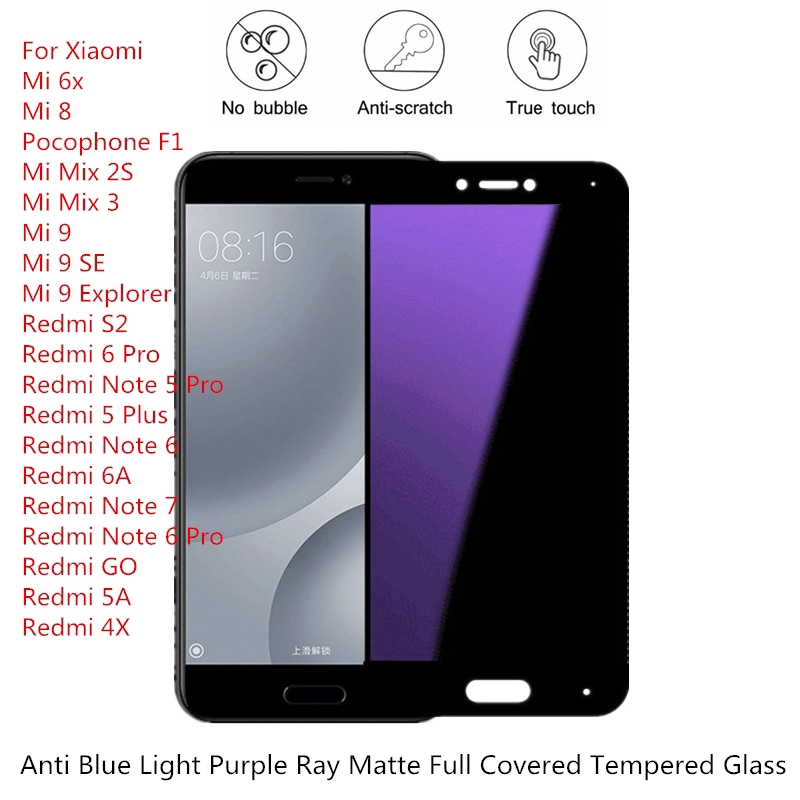 Miếng dán cường lực nhám ánh sáng tím cho điện thoại Xiaomi Mi 6X 8 F1 Mix 2 3 9SE Redmi S2 Go 4X Note 7 6 Pro 5 Plus 6A