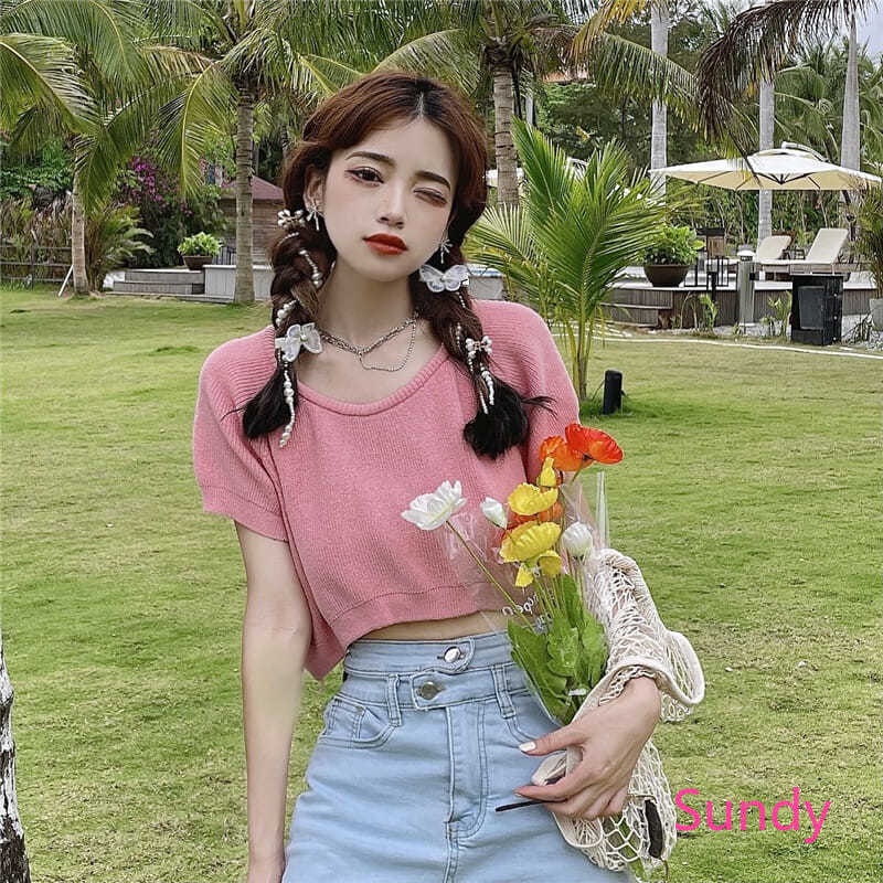 Áo croptop dệt kim ngắn tay thời trang mùa hè Hàn Quốc cho bé gái