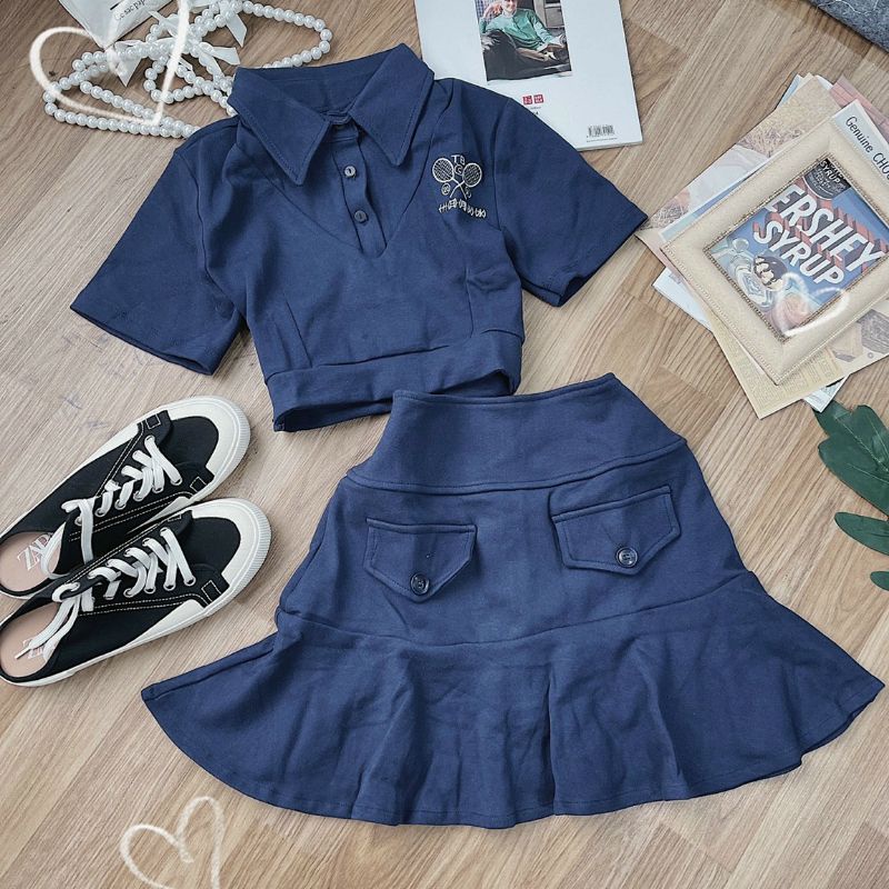 Bộ Áo Polo Chân Váy Tenis Nữ Xanh 🦋 Set Áo Polo Thêu Hình Cộc Tay Kèm Chân Váy Ngắn Xòe 🦋