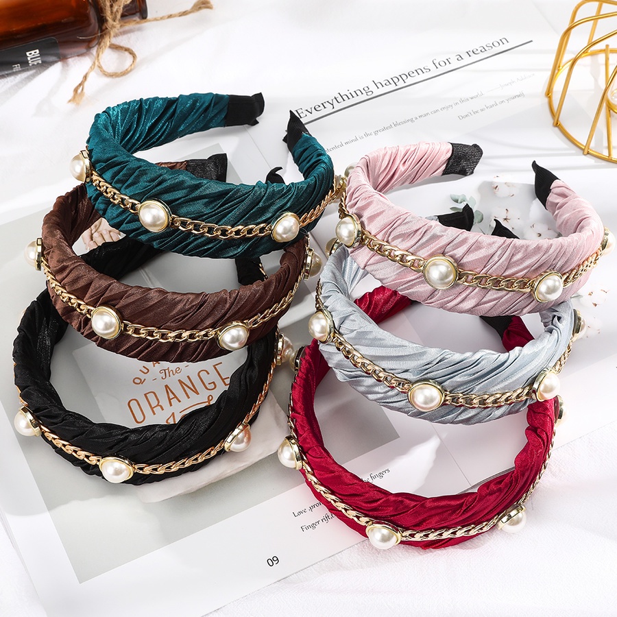 Băng đô cài tóc bản rộng xếp nếp màu trơn phối hạt ngọc trai nhân tạo phong cách Hàn Quốc thời trang dành cho nữ