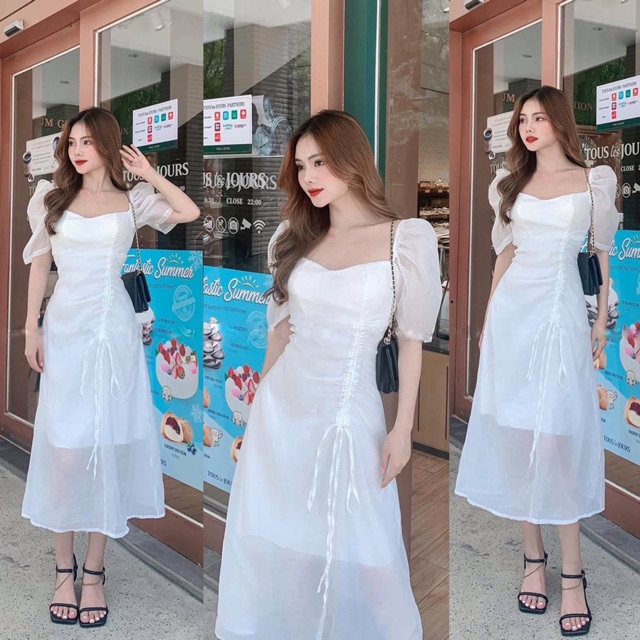 Đầm trễ vai tay phồng rút hông 4 màu | BigBuy360 - bigbuy360.vn