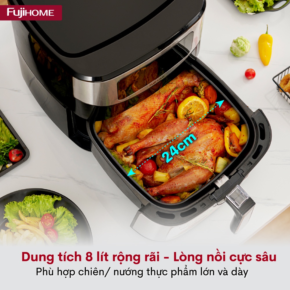 Nồi chiên không dầu 8L điện tử Fujihome Nhật Bản Nhập Khẩu, chống dính cao cấp, tự ngắt an toàn