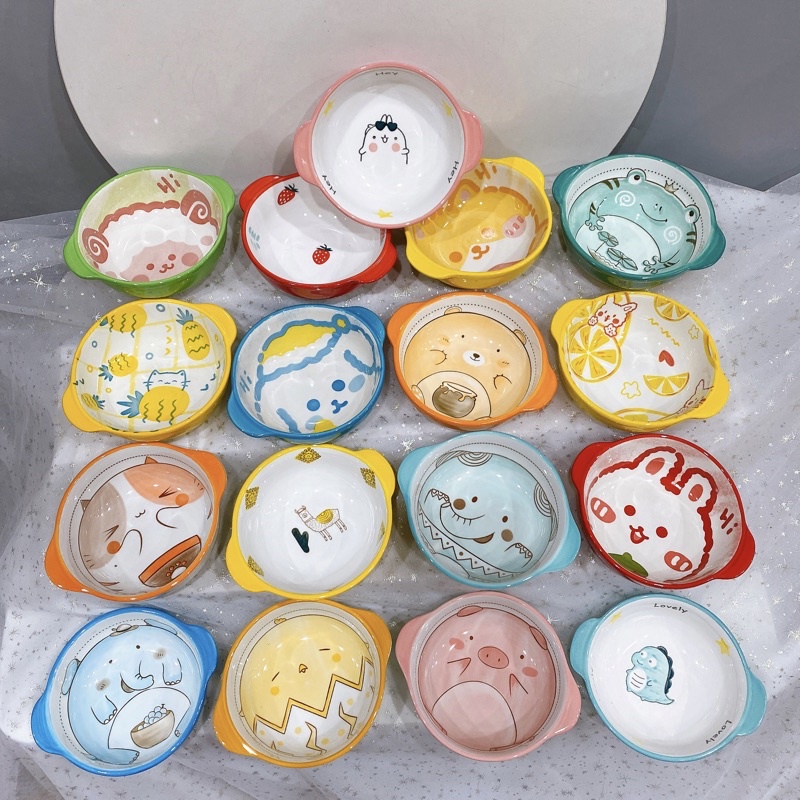 Chén sứ ngộ nghĩnh kèm thìa, bát ăn cháo, cơm cho bé, bát chè hình thú có 2 tai cầm siêu xinh