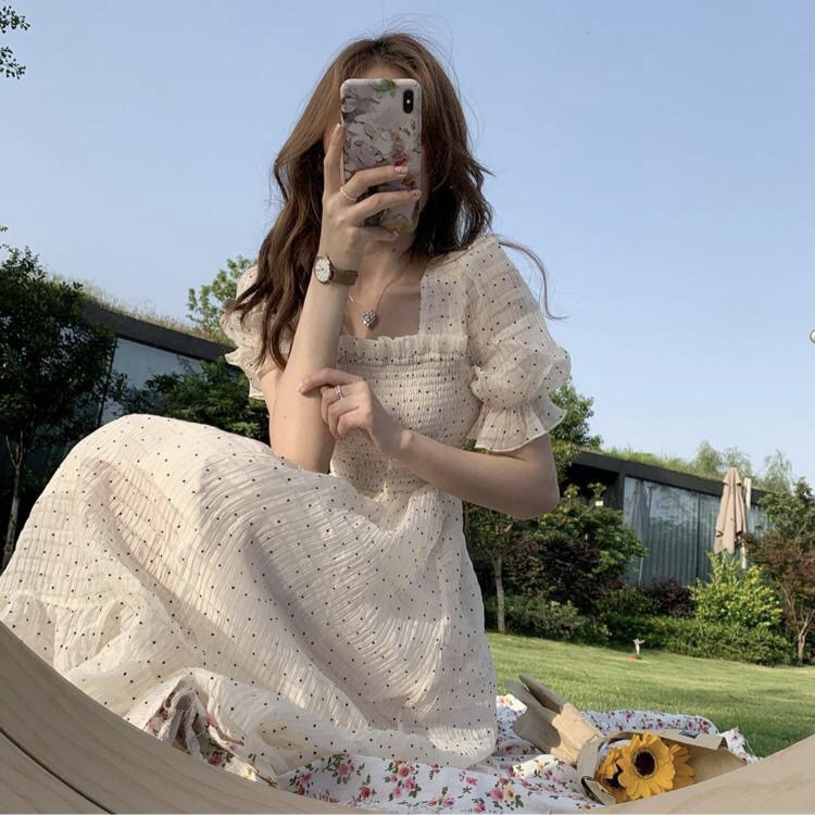 Váy chấm bi cổ vuông thắt nơ sau lưng dáng dài tiểu thư cô gái Pháp