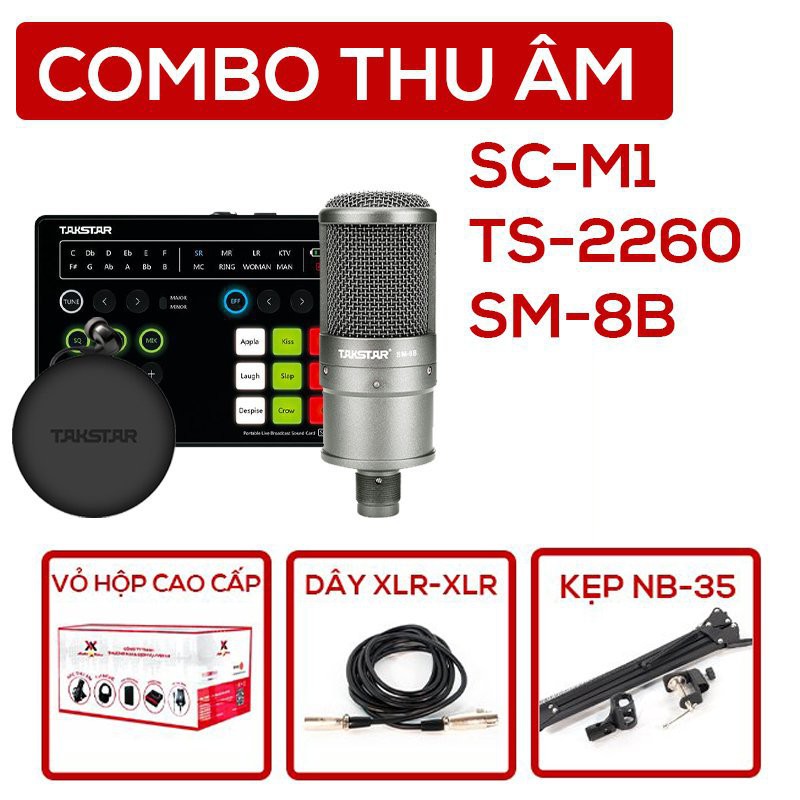 Combo thu âm chuyên nghiệp [Mic SM-8B, Soundcard SC-M1, Tai nghe TS2260 Kèm phụ kiện] - Bảo hành 1 năm