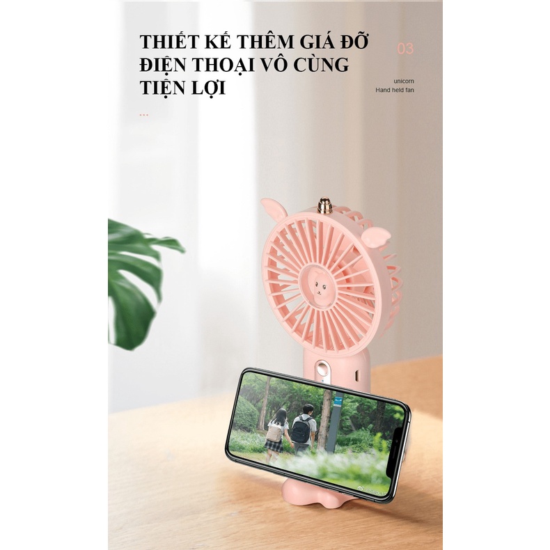 Quạt cầm tay mini N12 sử dụng pin sạc với 3 mức độ gió có kèm chân đế giữ quạt và giá đỡ điện thoại