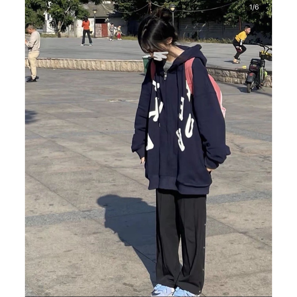 Set Bộ Đồ Nữ Thu Đông Form Rộng Áo Khoác Hoodie Zip Quần ống suông bấm cúc Ulzzang Unisex