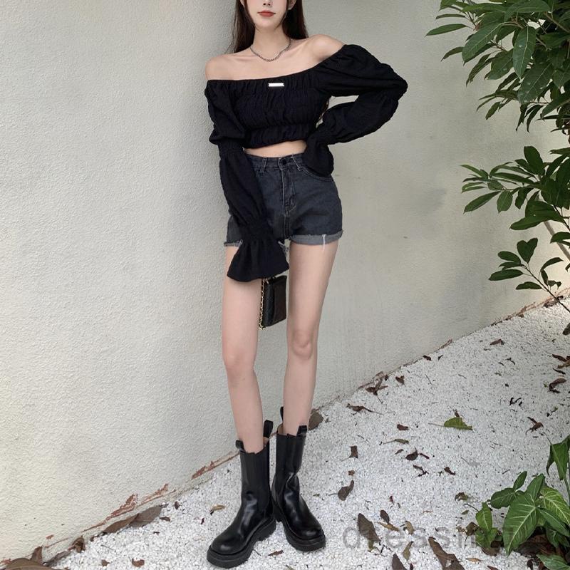 Áo thun trễ vai tay phồng dài màu trơn hở lưng thời trang cho nữ