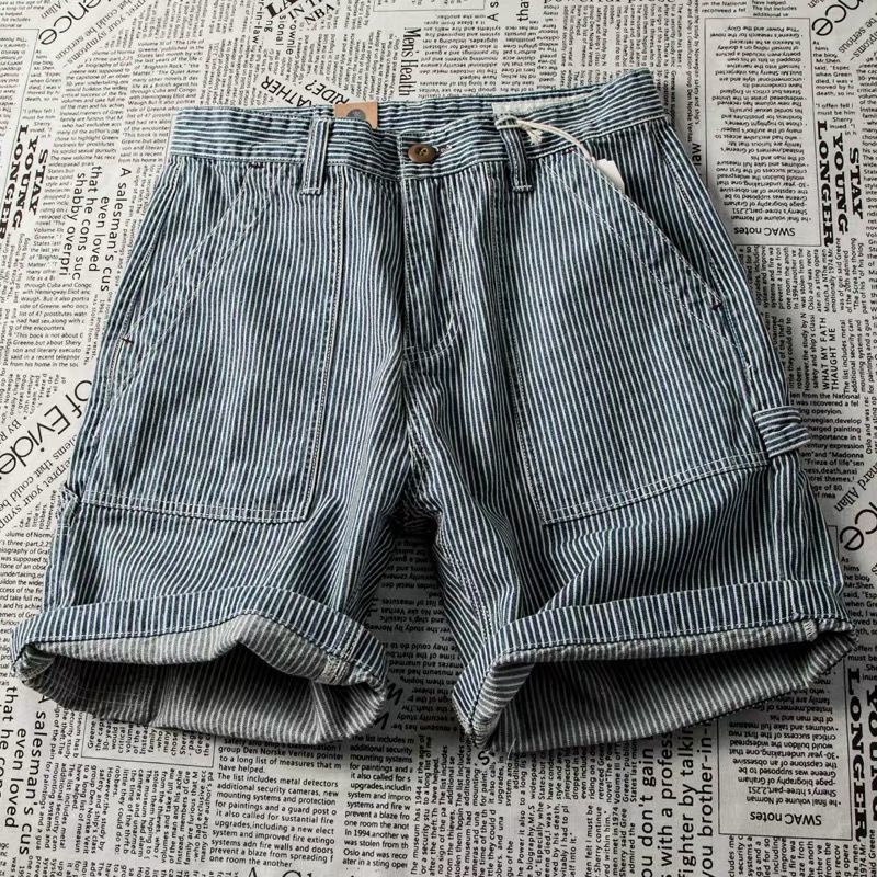 Quần short denim Ngắn Kẻ Sọc Xanh Quân Đội Mỹ Ami Khaki Retro Nhật Bản Cho Nam Và Nữ Lo