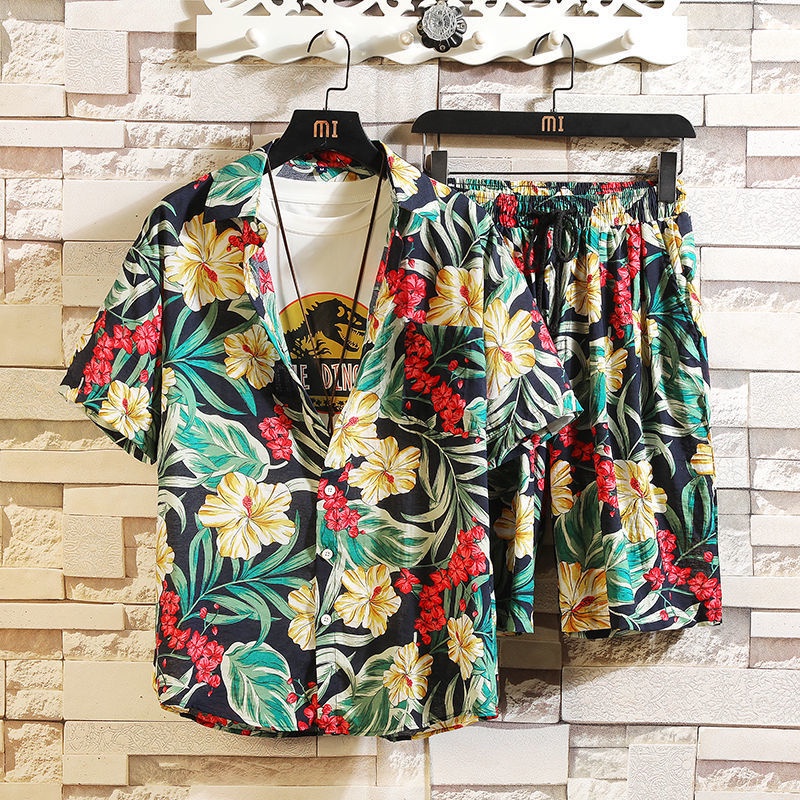 Set áo sơ mi ngắn tay + quần short đi biển in họa tiết hoa khô nhanh thời trang mùa hè cho nam