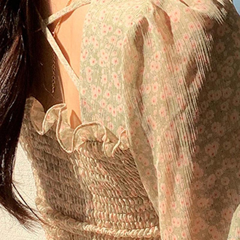 Áo Voan Dài Tay In Hoa Với Thiết Kế Cổ Vuông Xinh Xắn Theo Phong Cách Retro Hàn Quốc | BigBuy360 - bigbuy360.vn