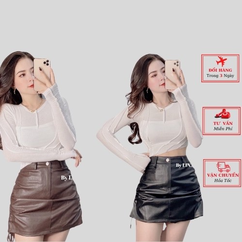 Chân váy da nữ rút dây cao cấp màu đen nâu ulzzang Hàn Quốc cá tính