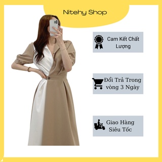 Đầm váy nữ sơ mi siêu đẹp dáng dài công sở phối trắng thắt eo phong cách Hàn Quốc NITEHY 13