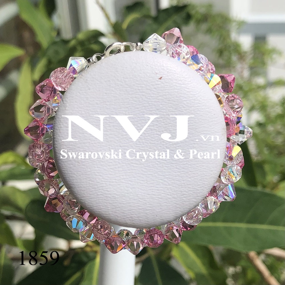 Vòng tay pha lê Swarovski 3 màu hồng rose 209, light rose 223 & crystal 001AB hạt nón xỏ đầu pendant 6328, khóa bạc tròn