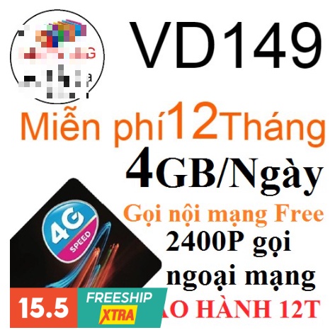 SIM 4G VINA VD149 12T KM 4GB/NGÀY  TẶNG 4GB/NGÀY trọn gói 1 năm không cần nạp tiền hàng tháng