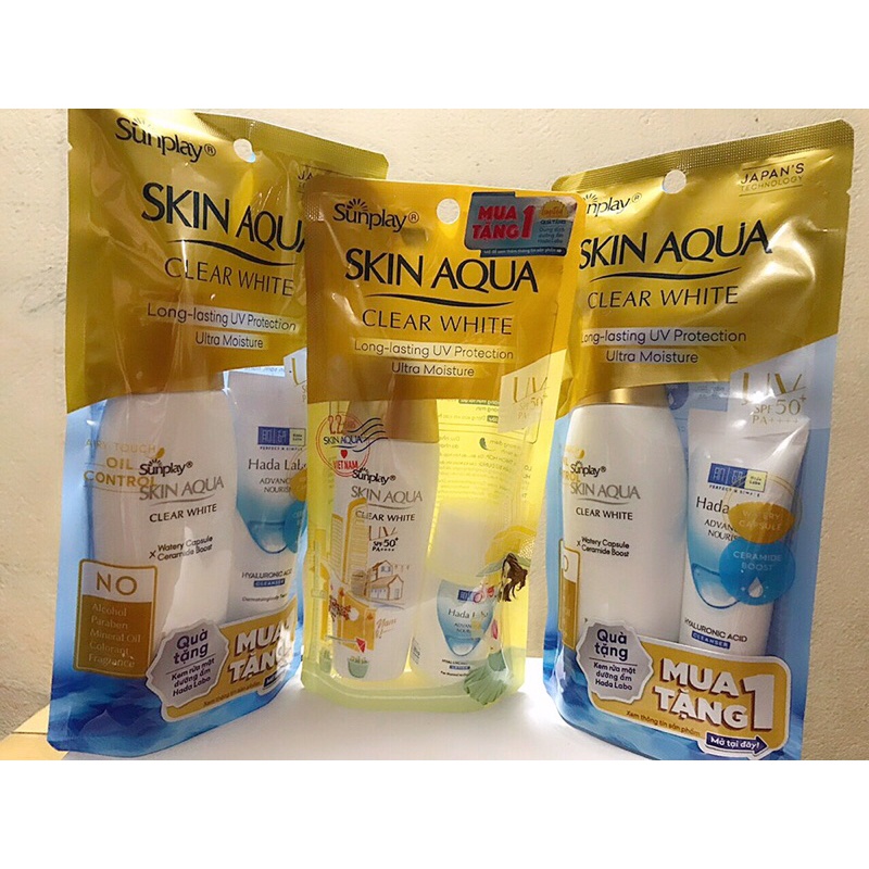 Chống nắng Sunplay Skin Aqua Clear White tặng SRM Hadalabo 25g/son màu Water Color