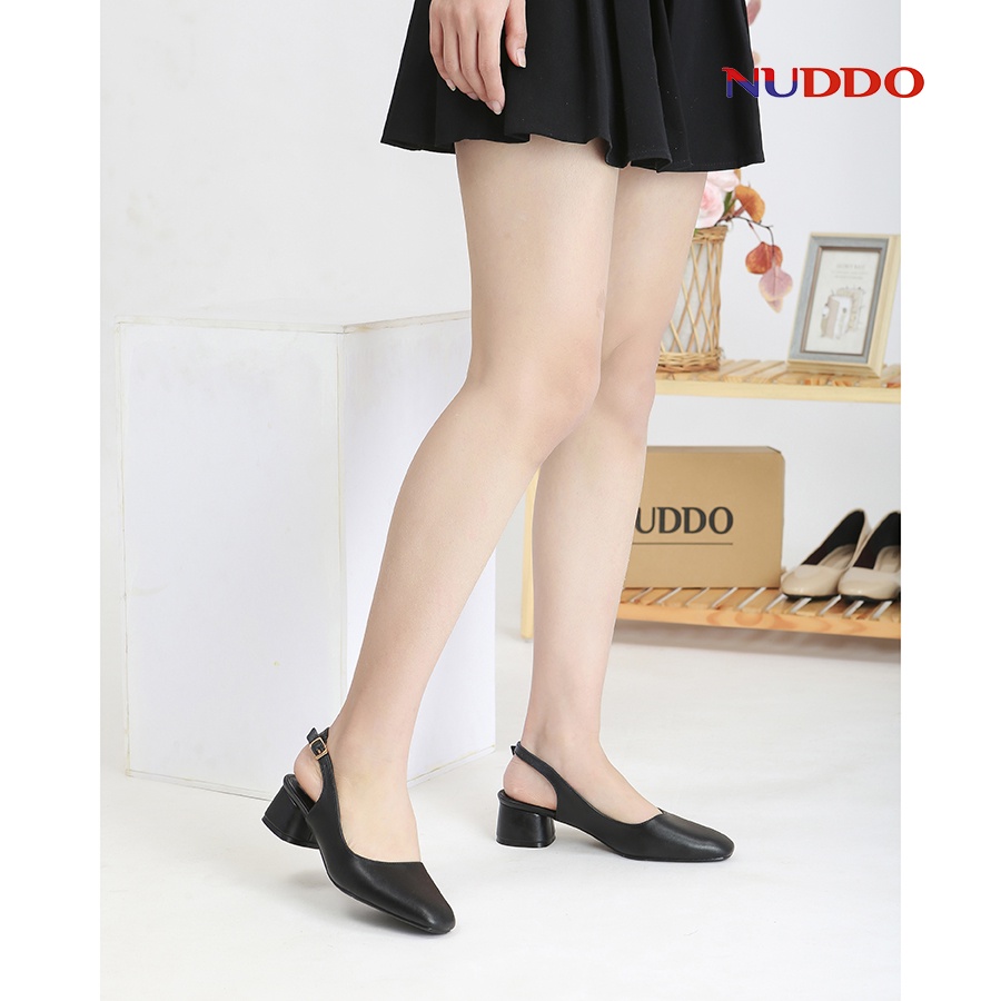 Giày cao gót nữ 3 phân NUDDO mũi vuông gót trụ vuông dáng slingback bít mũi đẹp thời trang công sở da lì mềm mại_NUS706