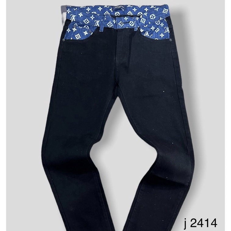 Quần jean thời trang nam có hoạ tiết logo LV mầu xanh, Quần bò nam trơn dáng côn phong cách trẻ trung btshop từ 45-75kg