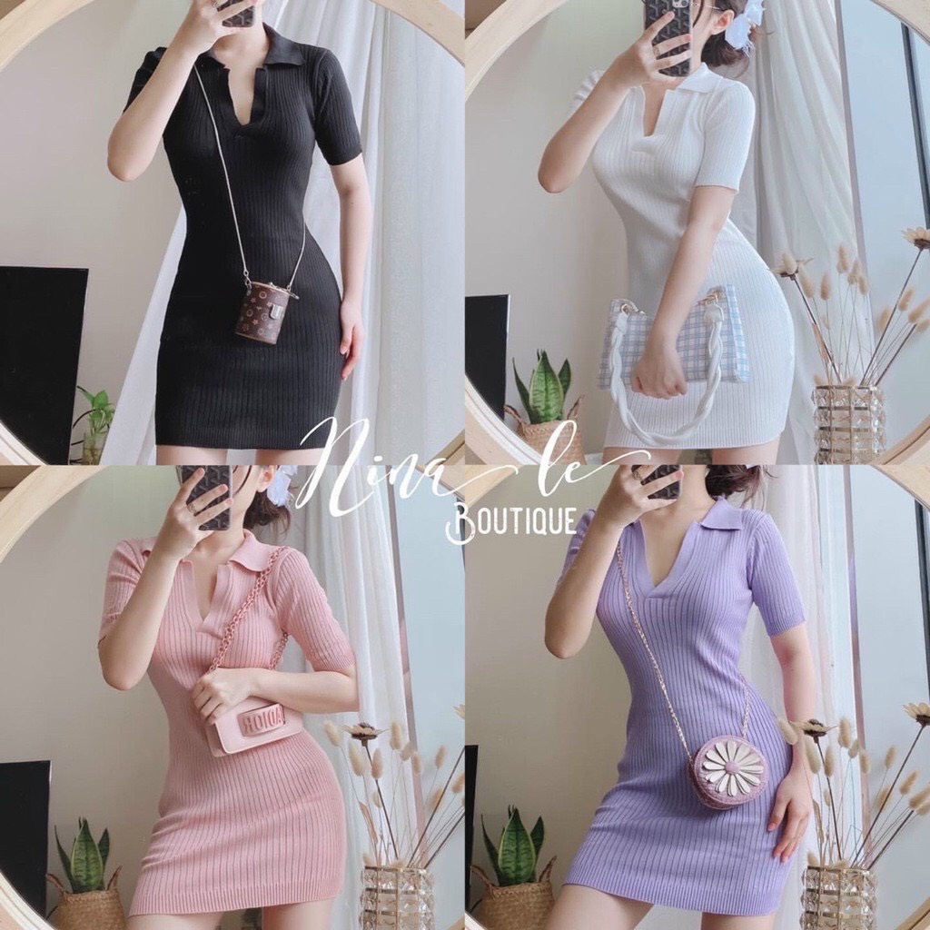 Váy Body Len Gân Cổ V Siêu Đẹp