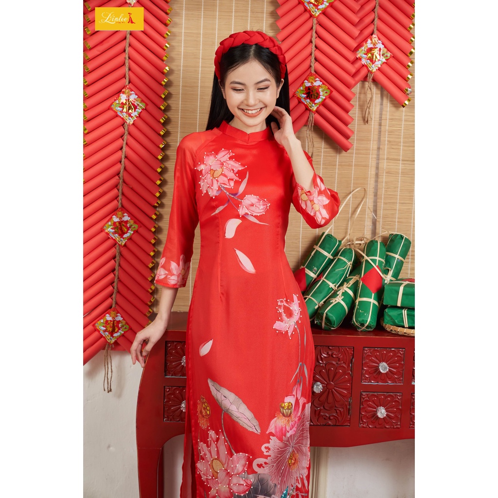 Áo dài cách tân 🎀LINLEE🎀Áo dài đỏ 4 tà thiết kế cao cấp thêu tay đính kết nổi tỉ mỉ họa tiết hoa sen sắc nét