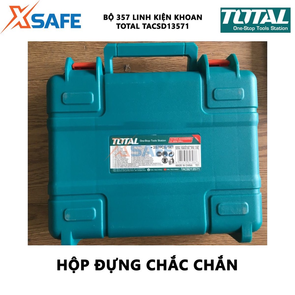 Bộ 357 linh kiện khoan mini TOTAL TACSD13571 Linh kiện máy mài thiết kế nhỏ gọn, tiện dụng, gồm 357 linh kiện khoan