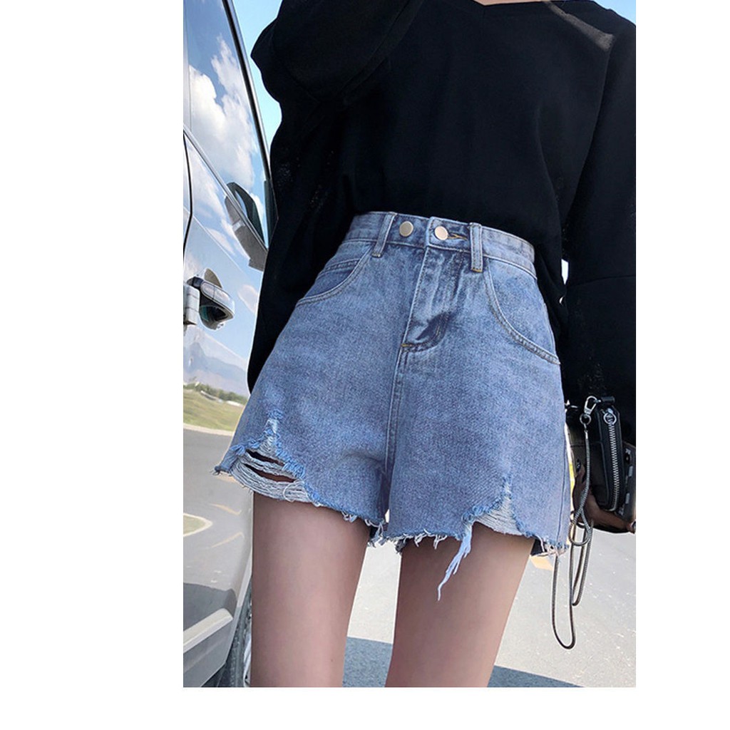 Quần jean♀۩✟Quần short denim nữ lưng cao cạp phiên bản hàn quốc ống rộng siêu hot mới ra mắt