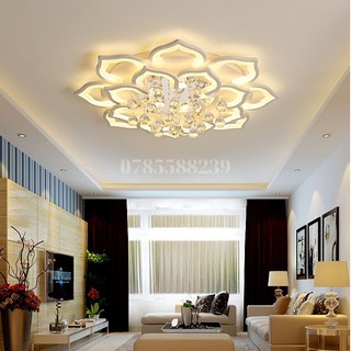 Đèn ốp trần trang trí phòng khách 16 cánh sen thả pha lê 3 chế độ sáng kèm điều khiển từ xa ( BH 24 tháng )