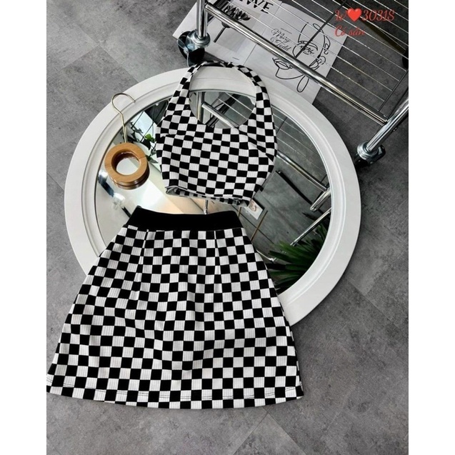 SET ÁO YẾM CARO KÈM CHÂN VÁY CHỮ A(CÓ MÚT NGỰC)
