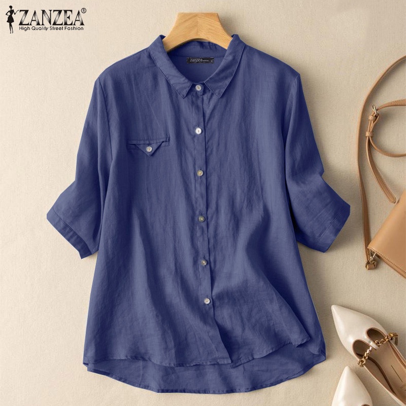 Áo sơ mi Zanzea cổ bẻ tay 3/4 cài nút màu trơn thời trang cho nữ