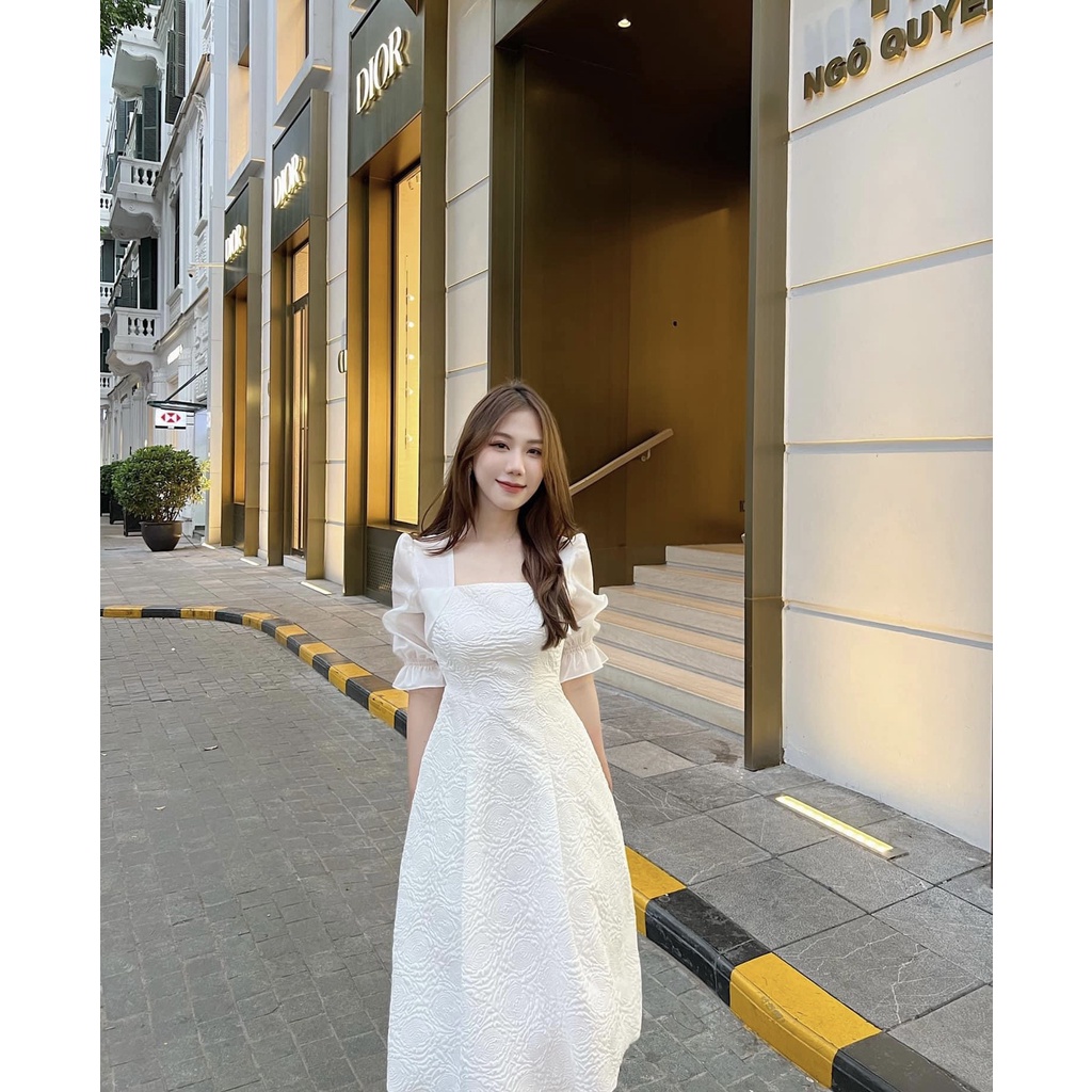 Váy trắng đi tiệc 2 lớp dập hoa nổi ,đi cưới sang chảnh tôn dáng Linstore thiết kế V21 96.studio