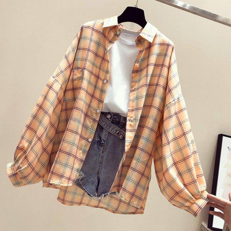 Sơ mi kẻ thụng KA Closet chất kẻ thô from rộng tay to bồng, 3 màu Đen, Nâu, Đỏ hot 2021