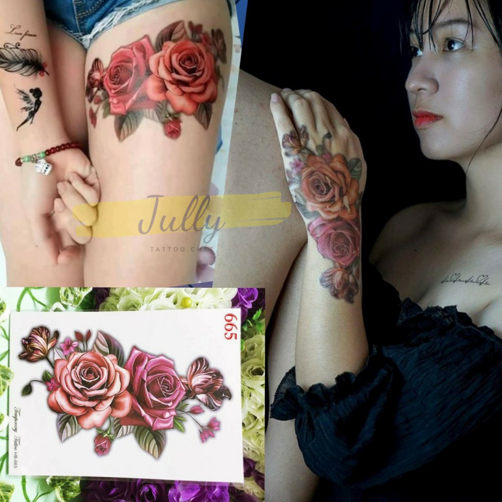 Hình xăm dán đùi hoa hồng mẫu lớn mã 88 JUULY tattoo, xăm tạm thời 15 ngày chống nước, tặng kèm 5 tấm xăm nhỏ