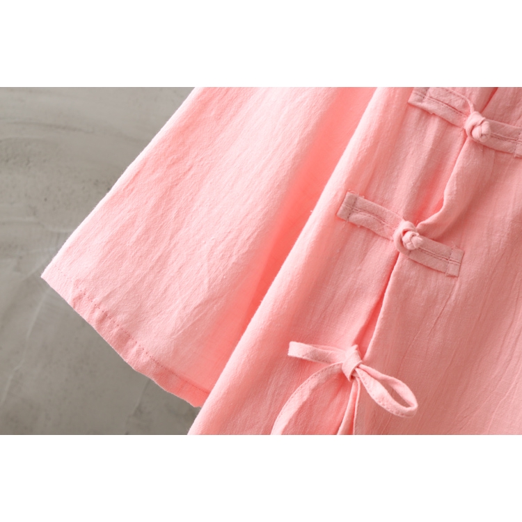 Áo Thun 100% Cotton / Linen Tay Lửng Thấm Hút Mồ Hôi Thoáng Khí Thoải Mái Phối Hàng Nút Phong Cách Dân Tộc 2020 Cho Nữ