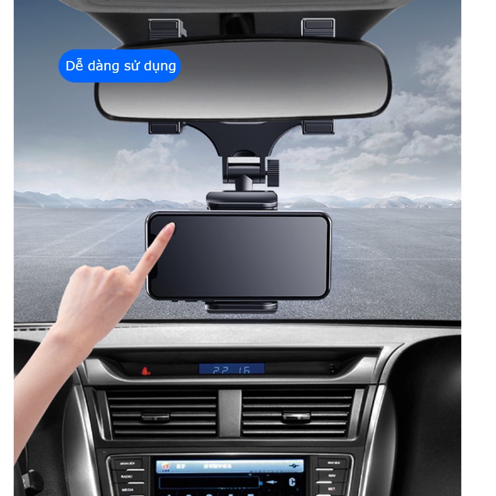 Giá đỡ điện thoại kẹp gương chiếu hậu ô tô, gắn cam hành trình xoay 360 độ