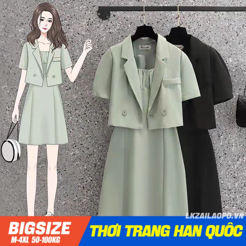 Set bộ đồ nữ Bigsize Áo vest blazer croptop tay ngắn kết hợp Đầm 2 dây chữ a mùa hè Phong cách Hàn Quốc Thời Trang Quần áo nữ đi Chơi sang chảnh cá tính cho người mập béo