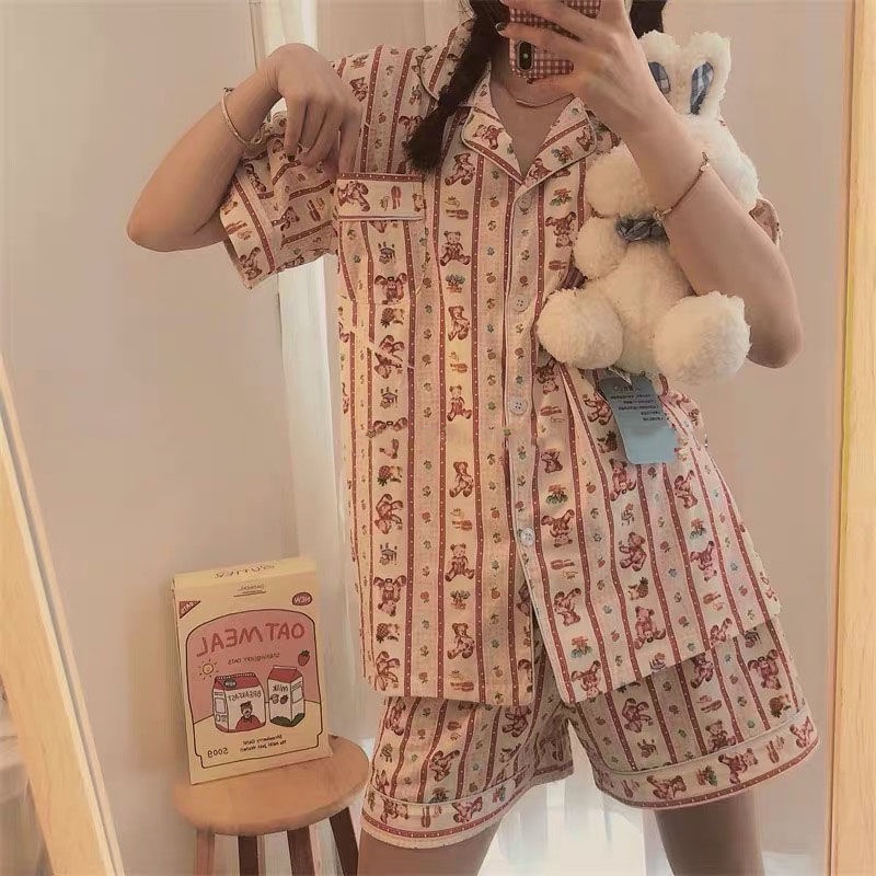Bộ Đồ Ngủ Tay Ngắn Họa Tiết Sọc Caro In Hình Gấu Dễ Thương Phong Cách Nhật Bản Thời Trang Mùa Hè Cho Nữ | BigBuy360 - bigbuy360.vn