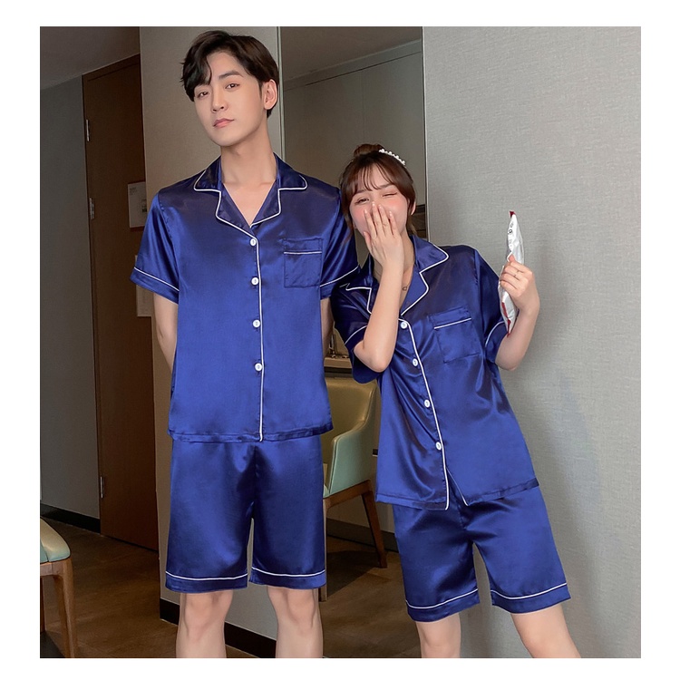 Bộ Đồ Ngủ Vải Lụa Satin Tay Ngắn Plus Size M-5XL Thời Trang Hàn Quốc Cho Nam Và Nữ