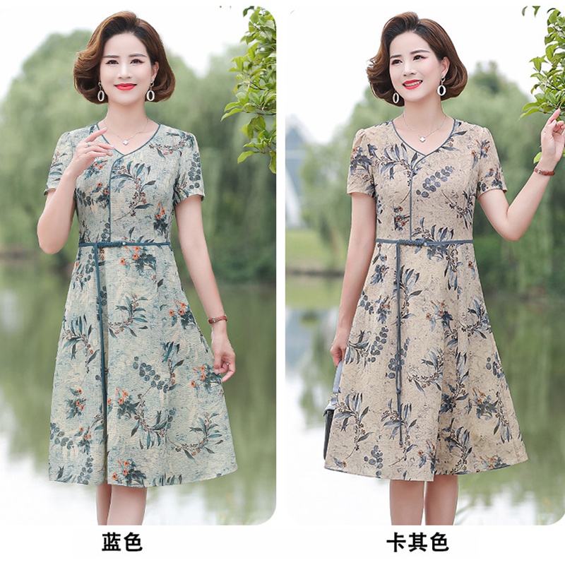 Đầm Tay Ngắn Cổ Chữ V In Họa Tiết Thời Trang Mùa Hè Cho Phụ Nữ Trung Niên 50 Tuổi