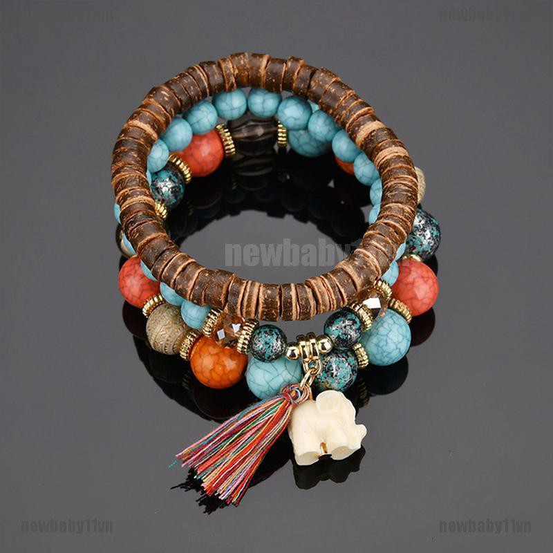 Set 3 vòng tay chuỗi hạt phối tua rua mặt dây hình voi phong cách Bohemian quyến rũ