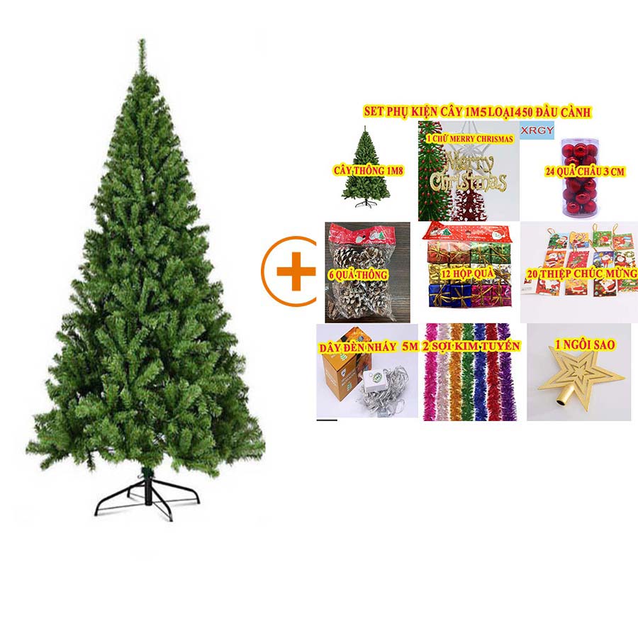 Cây thông Noel 150cm tán lá siêu dày loại 450 đầu cành+ Bộ phụ kiện trang trí cao cấp- C150