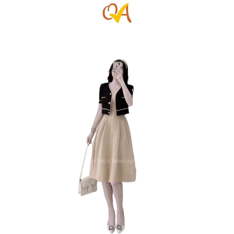 Set đầm nữ thời trang QAG dạo phố, công sở, đầm cao phối với áo vest tay ngắn, chất umi dày đẹp, sang chảnh, cá tính