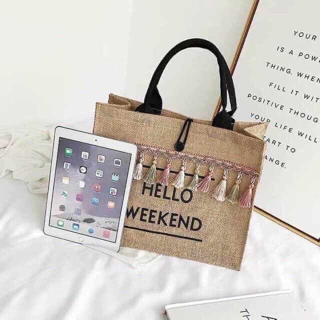 [Mã FAGREEN245 giảm 10% tối đa 30K đơn 99K] Túi cói hello weekend tua rua siêu đẹp, túi cói đi biển, túi du lịch