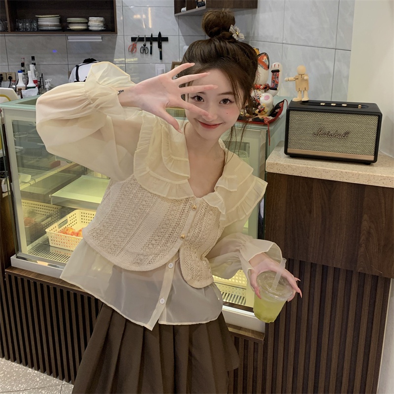 Áo sơ mi Xiaozhainv chống nắng dáng rộng tay phồng cổ búp bê kiểu Hàn Quốc dễ thương cho nữ
