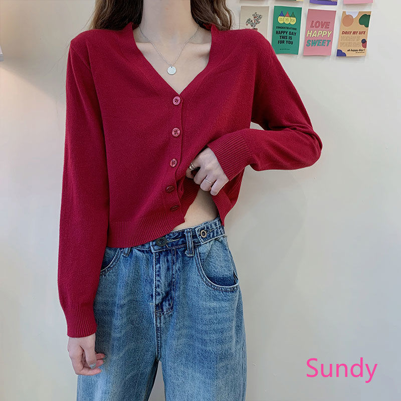Áo Cardigan Dệt Kim Tay Dài Cổ Chữ V Thanh Lịch