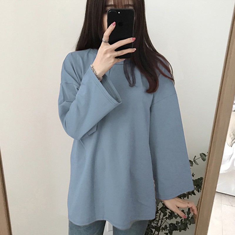 SUXI Áo thun cổ tròn màu trơn dáng rộng cỡ lớn thời trang nữ phong cách Hàn Quốc