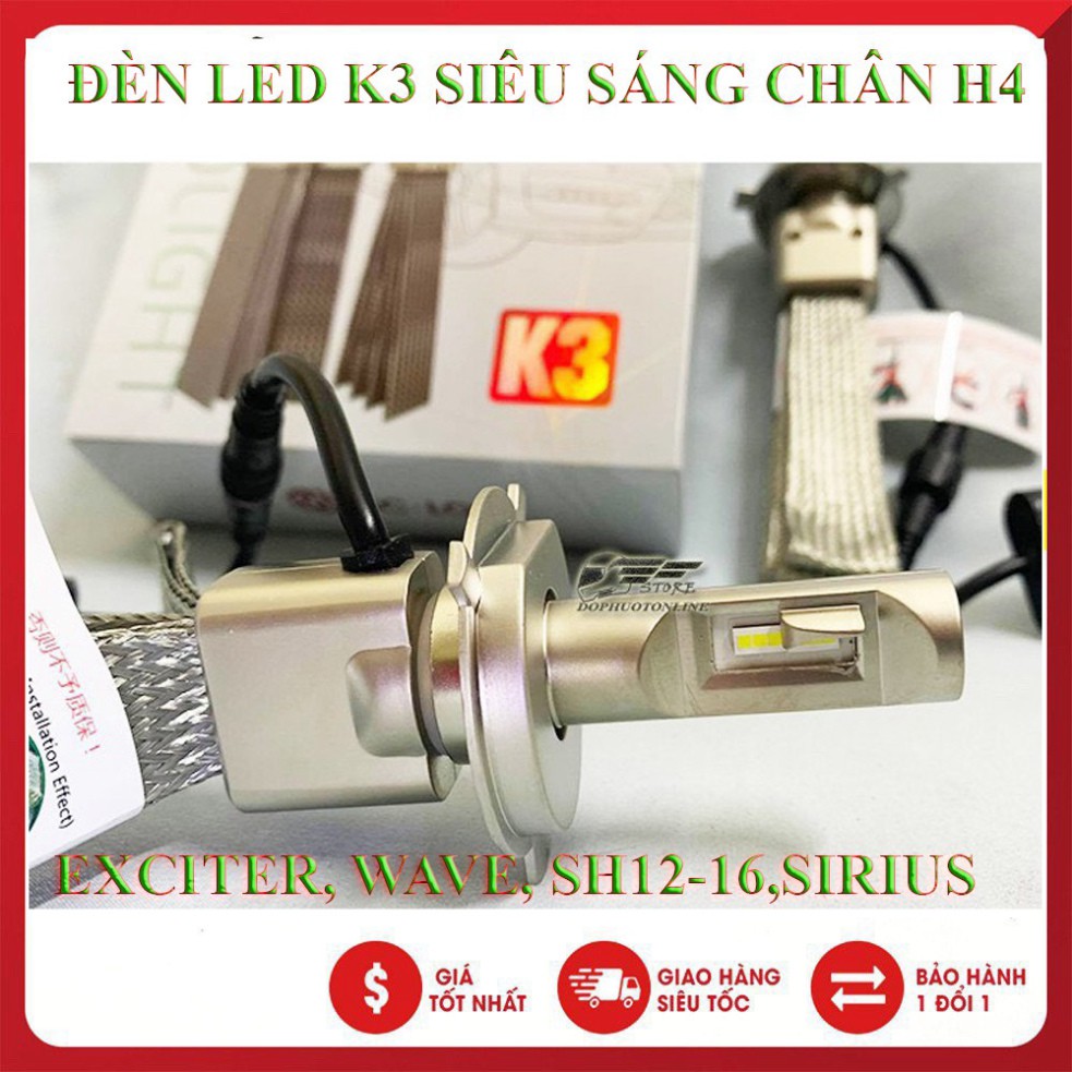 Đèn pha led K3 chân H4 lắp xe máy, oto siêu sáng 38w- giá 1 bóng