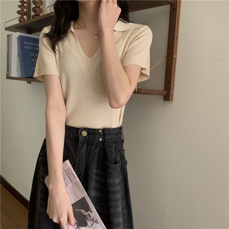 Áo Croptop Nữ Tay Ngắn Cổ Chữ V Polo Dáng Ôm Thoáng Mát Màu Trơn Thanh Lịch 8 Màu Tùy Chọn Thời Trang | BigBuy360 - bigbuy360.vn
