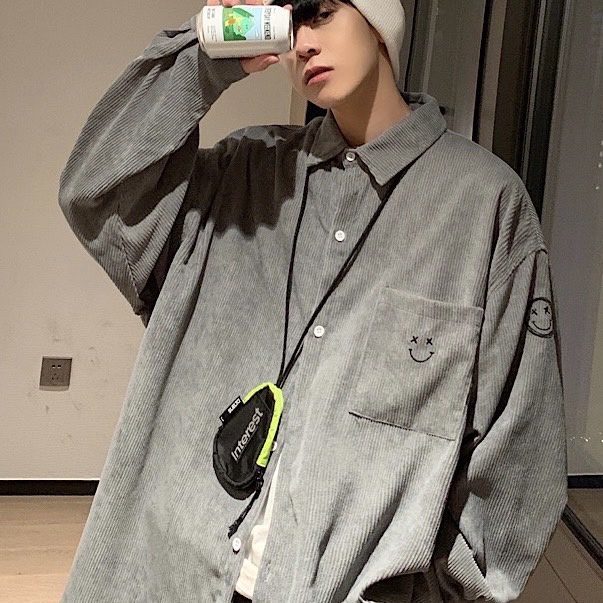 Áo sơ mi nhung tăm nam nữ thêu hình mặt cười form rộng phong cách Hàn Quốc SIB093