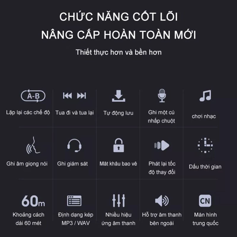Máy ghi âm 64GB, thời gian ghi âm liên tục 825 giờ thiết kế nhỏ gọn chắc chắn bảo hành 12 Tháng Chống rơi, giảm tiếng ồn